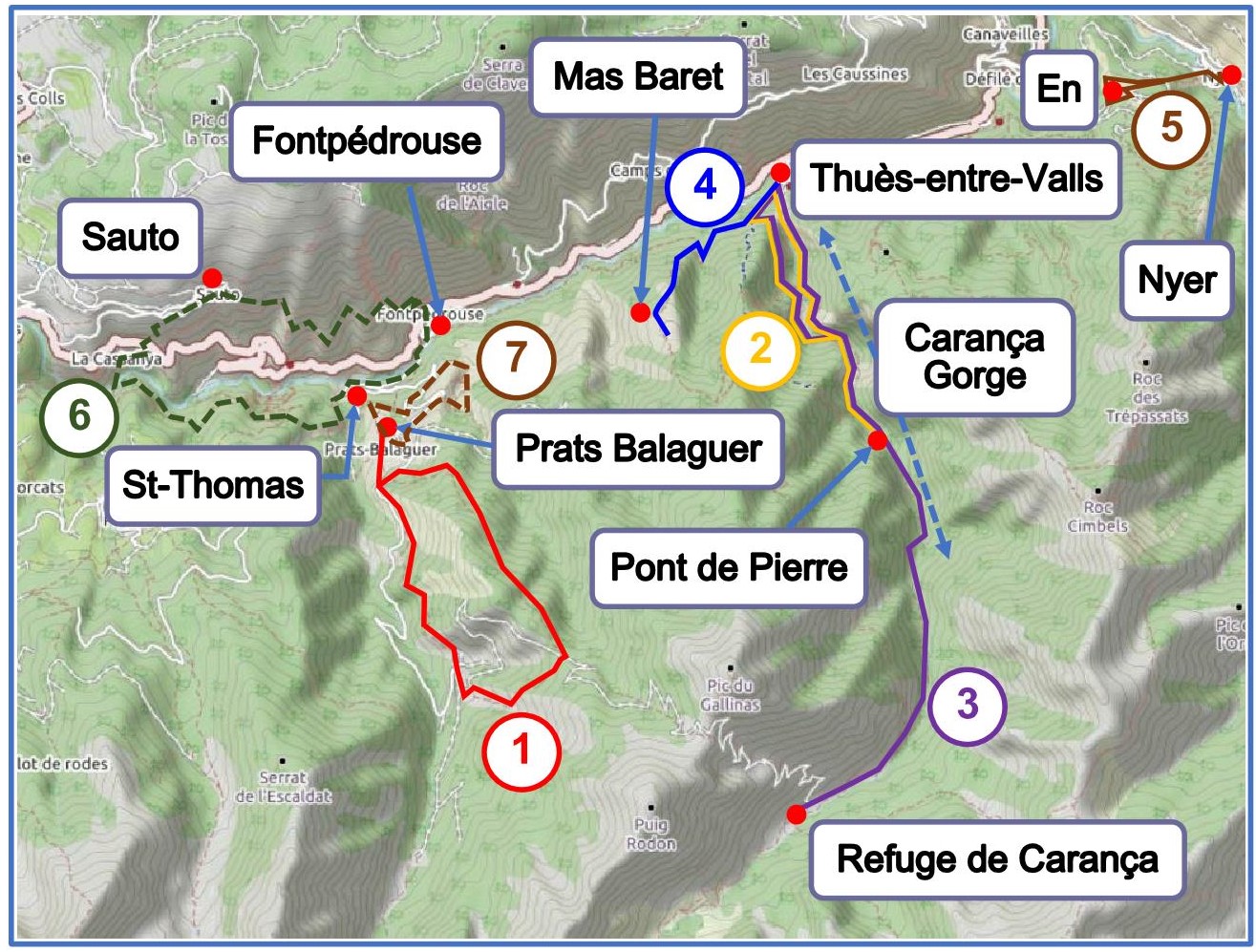Walks from Fontpédrouse Thuès and Carança map